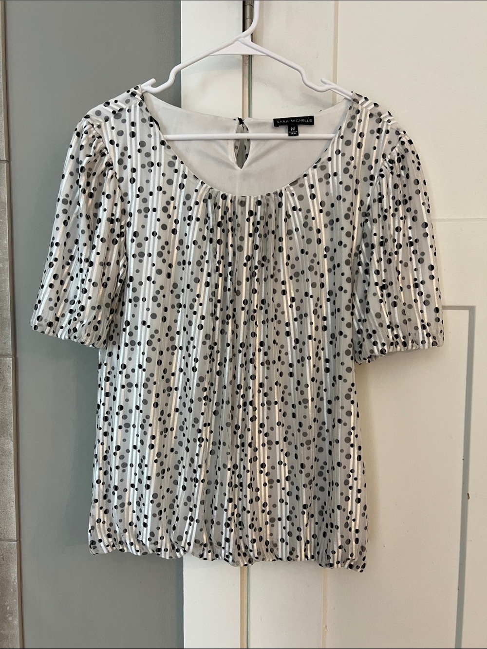 Sara Michelle White Polka Dot Pleated Scoop Neck Blouse